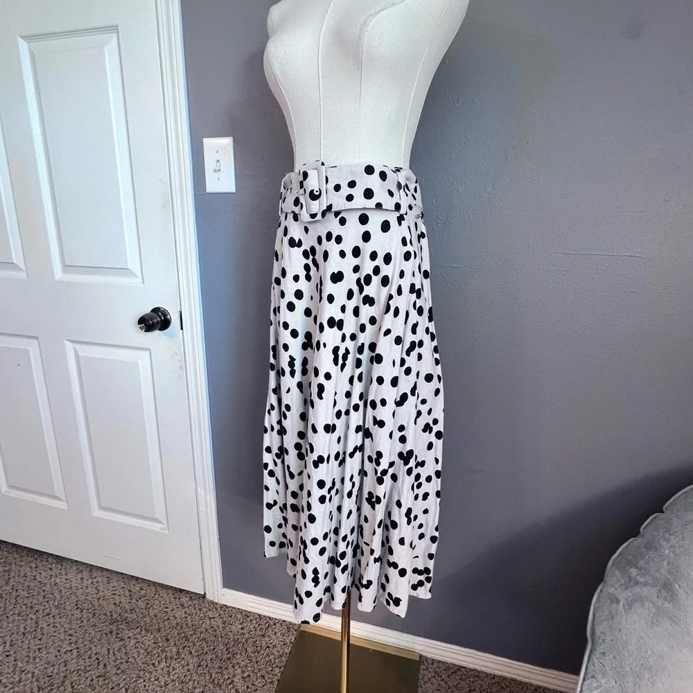 Tahari Belted Elastic Waist Black Beige Polka Dot Linen Blend Midi Skirt Women 8 - Picture 6 of 14